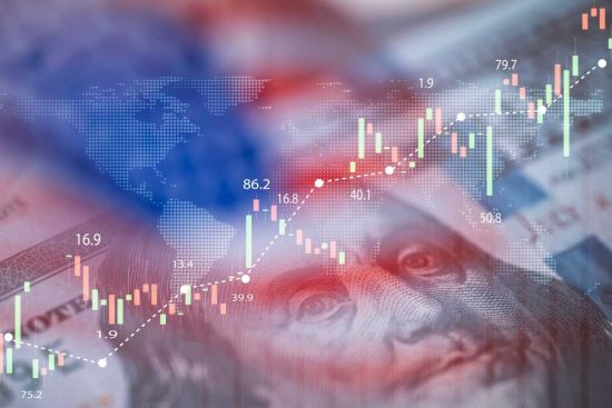 gráficos de colores con barras y fondo de bandera, La bolsa hoy