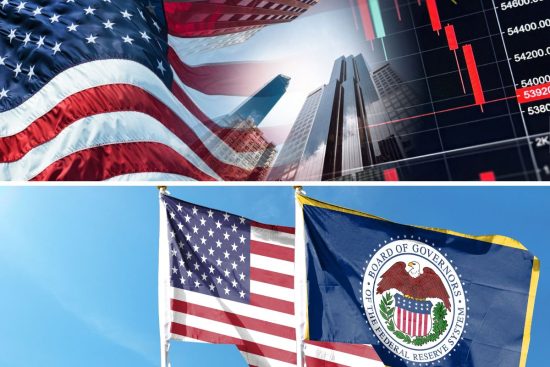 banderas con logo de reserva federal y eeuu, Mercados de Wall Street, Wall Street Markets on Alert